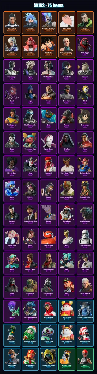 [PC] | The Ageless | Nezumi | Renzo the Destroyer | Peter Griffin | Twyn | 75 skin | 102 pickaxe | 94 emote | 73 glider | Lv1141