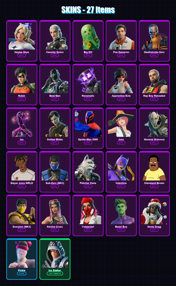 [PS4/PS5/XBOX/PC] | Haylee Skye | Cassidy Quinn | Big Dill | Poe Dameron | Deathstroke Zero | 27 skin | 50 pickaxe | 39 emote | 30 glider | Lv461