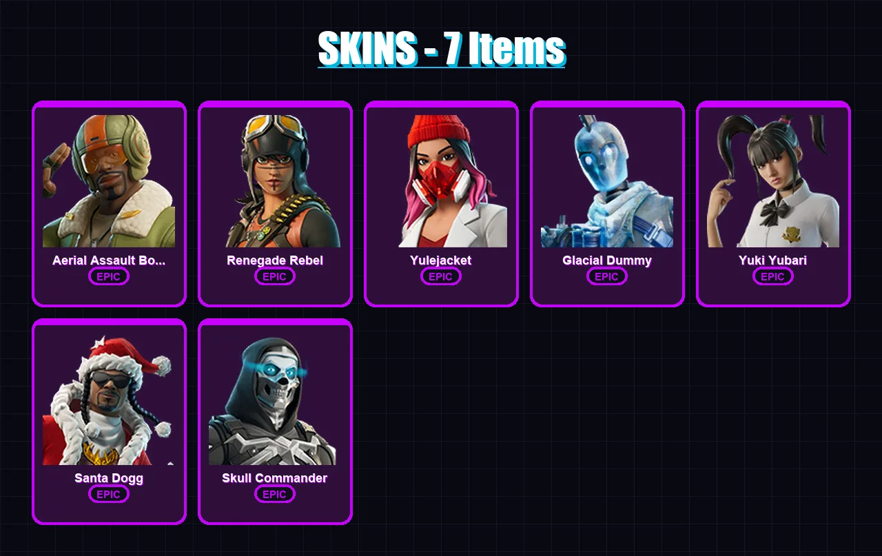 [PC/PSN] | Aerial Assault Bomber | Renegade Rebel | Yulejacket | Glacial Dummy | Yuki Yubari | 7 skin | 45 pickaxe | 16 emote | 24 glider | Lv297
