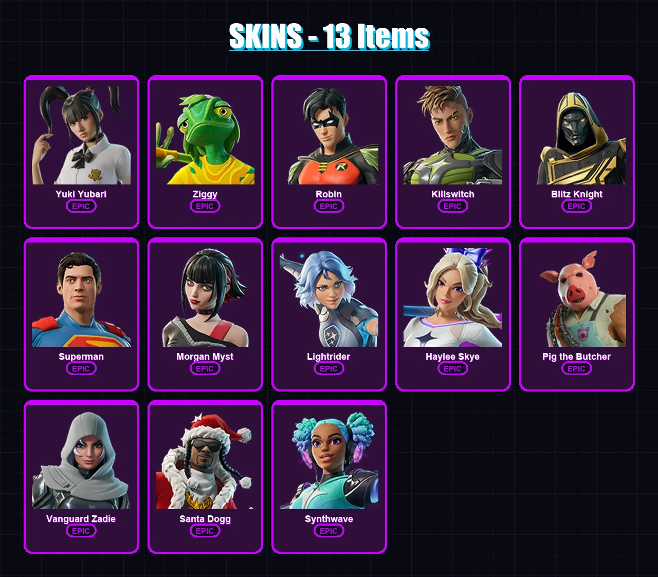 [PC/PSN] | Yuki Yubari | Ziggy | Robin | Killswitch | Blitz Knight | 13 skin | 56 pickaxe | 25 emote | 40 glider | Lv935