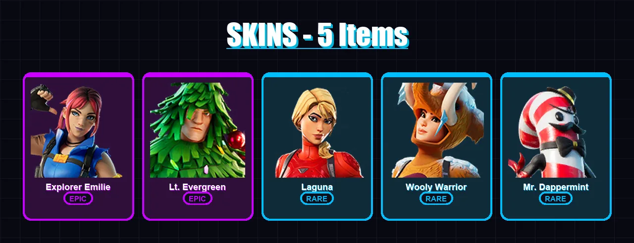 [SWITCH/XBOX/PSN/PC] | Explorer Emilie | Lt. Evergreen | Laguna | Wooly Warrior | Mr. Dappermint | 5 skin | 7 pickaxe | 14 emote | 10 glider | Lv213