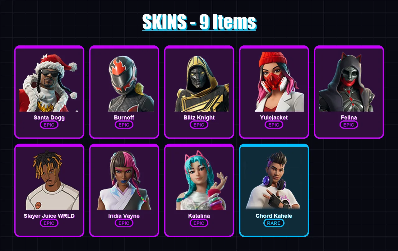 [PC/XBOX/PSN] | Santa Dogg | Burnoff | Blitz Knight | Yulejacket | Felina | 9 skin | 45 pickaxe | 19 emote | 28 glider | Lv335