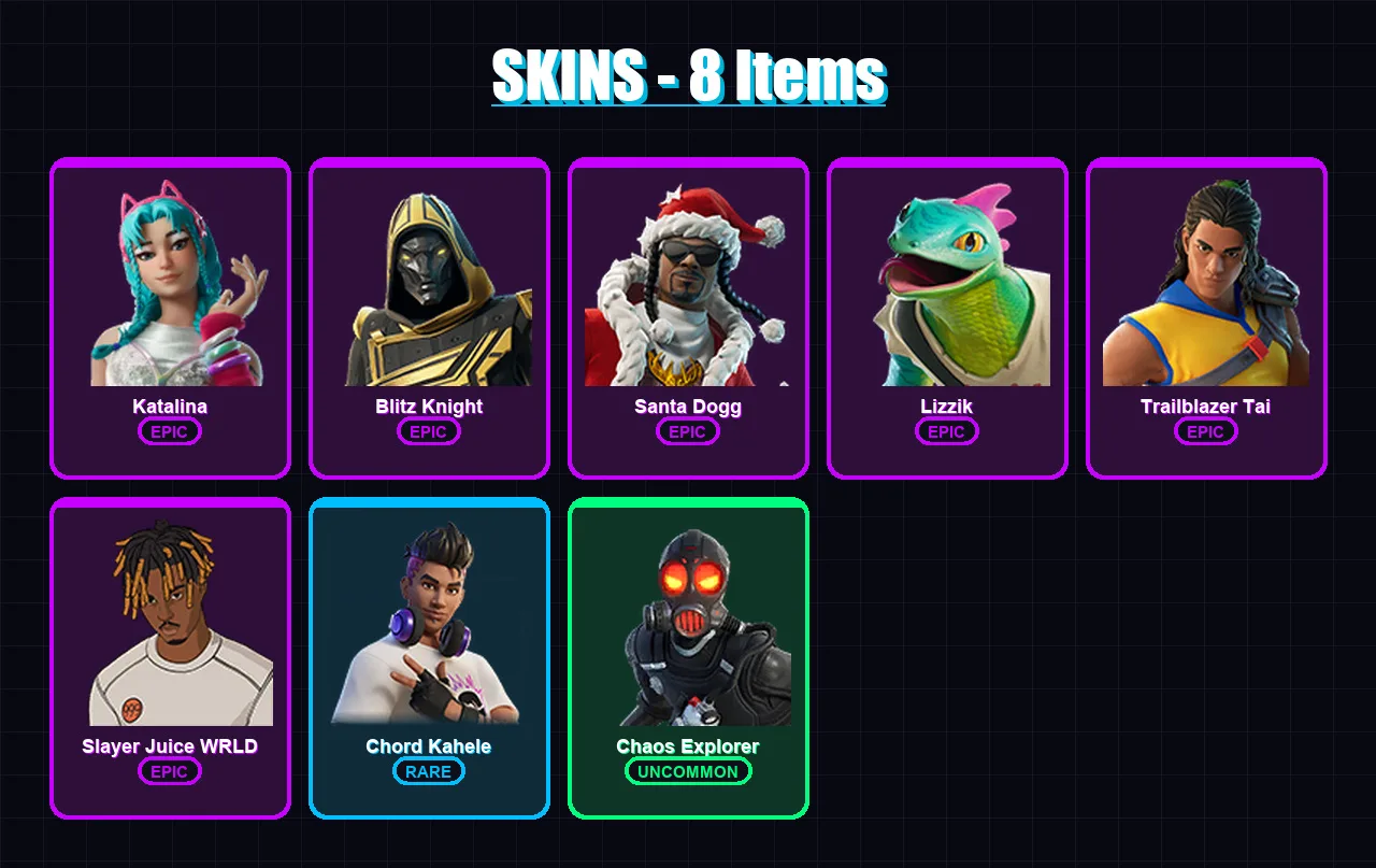 [PC/PSN] | Katalina | Blitz Knight | Santa Dogg | Lizzik | Trailblazer Tai | 8 skin | 25 pickaxe | 9 emote | 15 glider | Lv177
