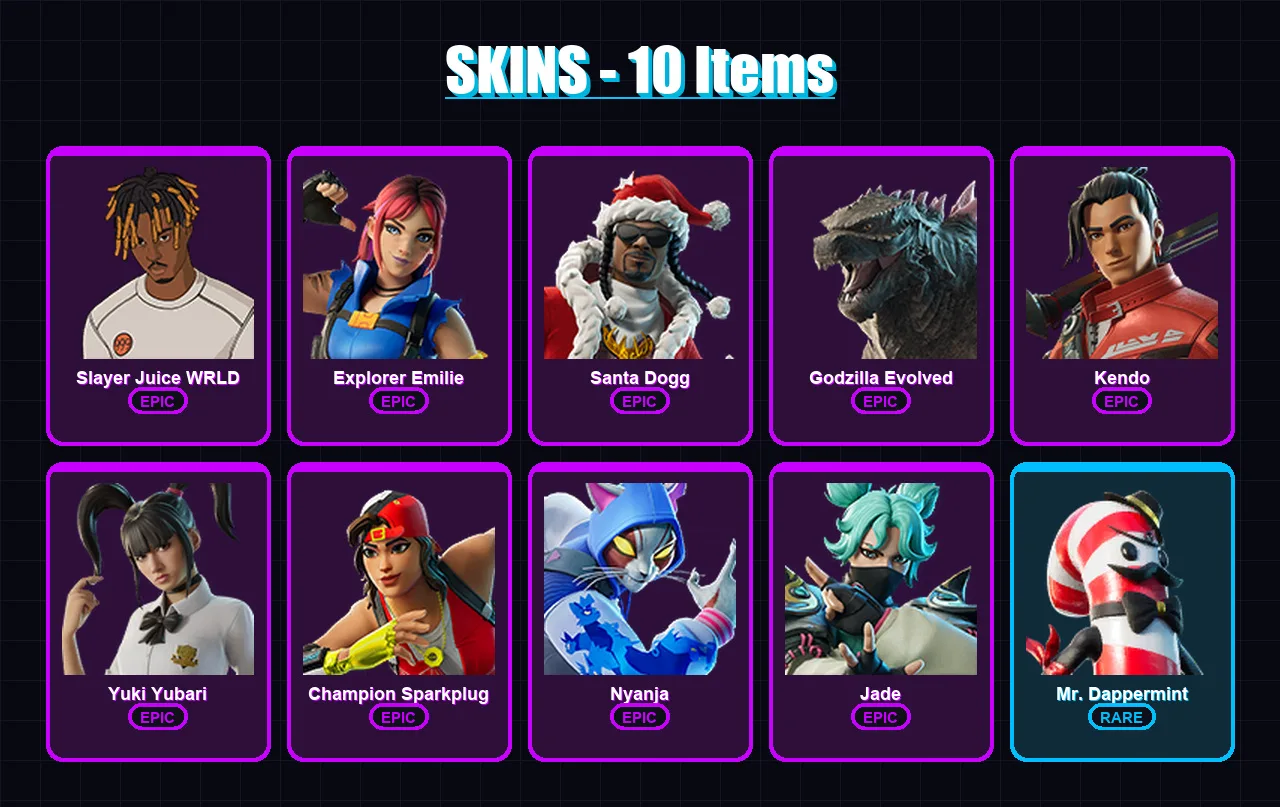 [PC/XBOX/PSN] | Slayer Juice WRLD | Explorer Emilie | Santa Dogg | Godzilla Evolved | Kendo | 10 skin | 35 pickaxe | 18 emote | 16 glider | Lv183