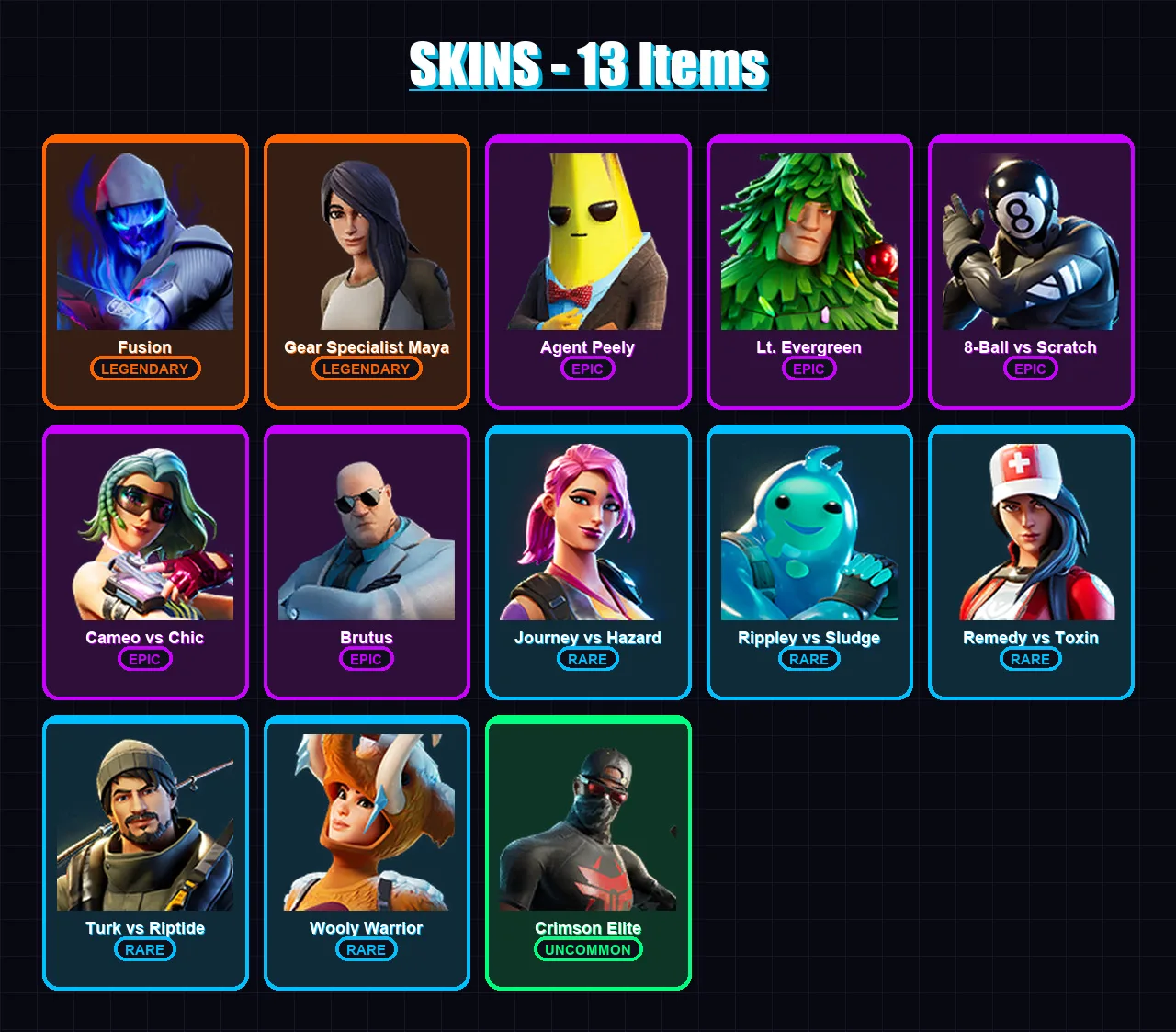 [PC/XBOX/PSN] | Fusion | Gear Specialist Maya | Agent Peely | Lt. Evergreen | 8-Ball vs Scratch | 13 skin | 12 pickaxe | 13 emote | 12 glider | Lv19 — Fortnite account