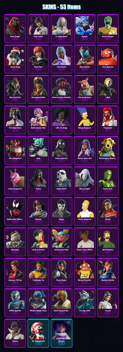 [PC/PSN] | Dark Doggo | Yuki Yubari | Lt. Ripp Slade | Nyanja | Green Ranger | 53 skin | 76 pickaxe | 51 emote | 43 glider | Lv591