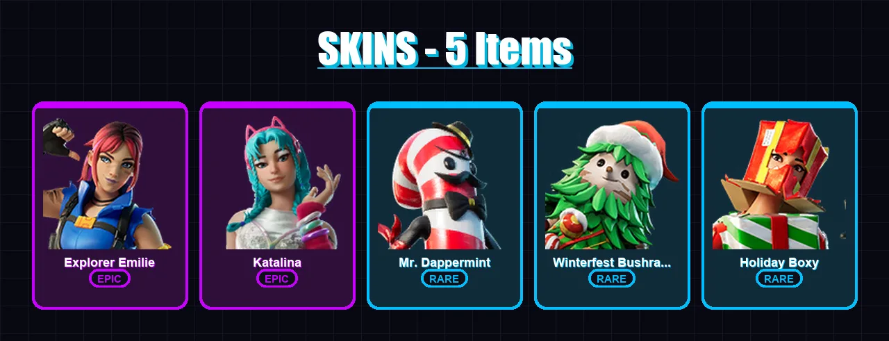 [PC/XBOX/PSN] | Explorer Emilie | Katalina | Mr. Dappermint | Winterfest Bushranger | Holiday Boxy | 5 skin | 4 pickaxe | 1 emote | 3 glider | Lv45