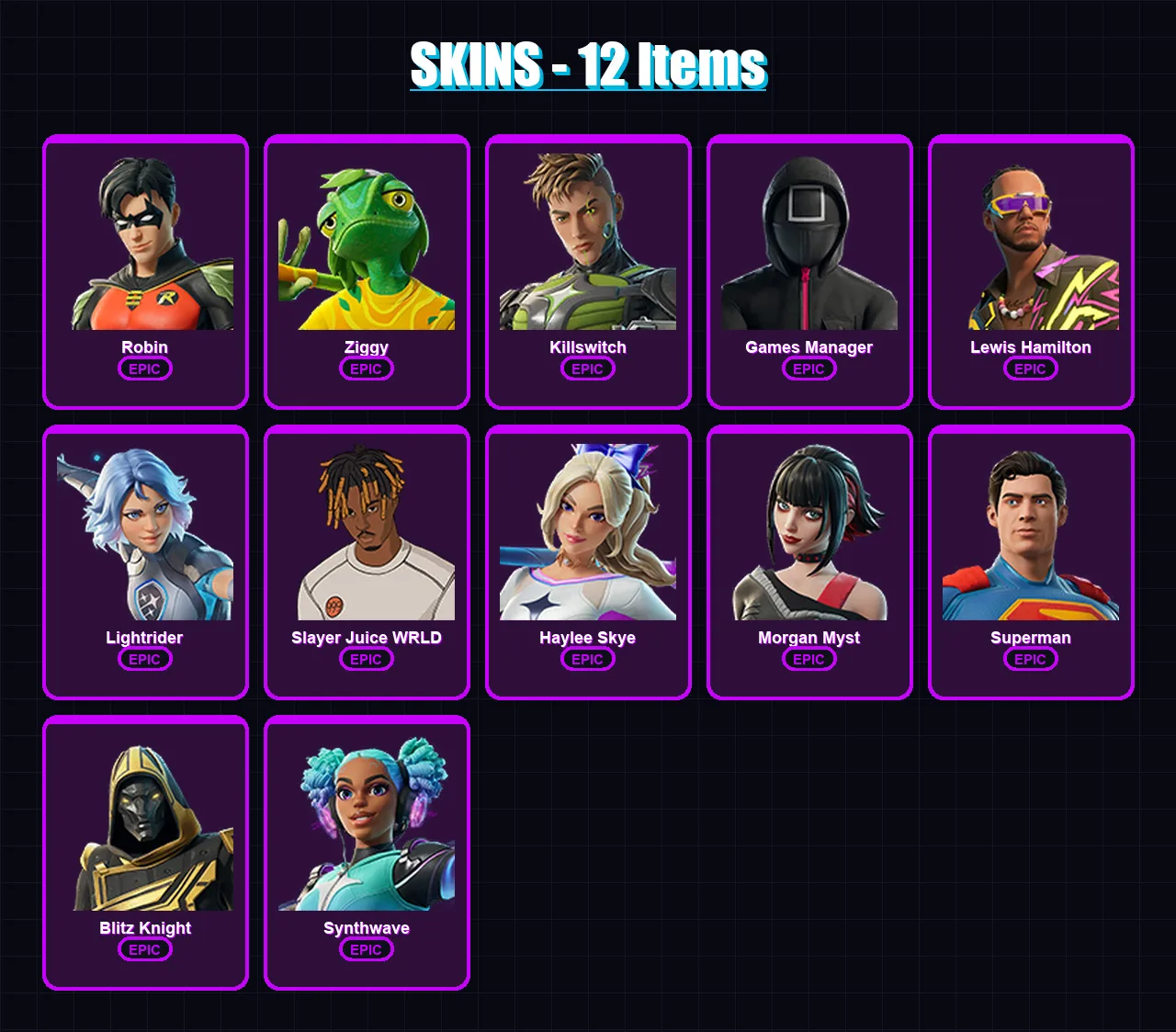 [PC/XBOX/PSN] | Robin | Ziggy | Killswitch | Games Manager | Lewis Hamilton | 12 skin | 49 pickaxe | 24 emote | 38 glider | Lv430