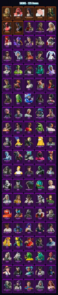 [PS4/PS5/XBOX/PC] | Zeus | Valeria | Gear Specialist Maya | Peter Griffin | Hades | 129 skin | 183 pickaxe | 124 emote | 116 glider | Lv2254