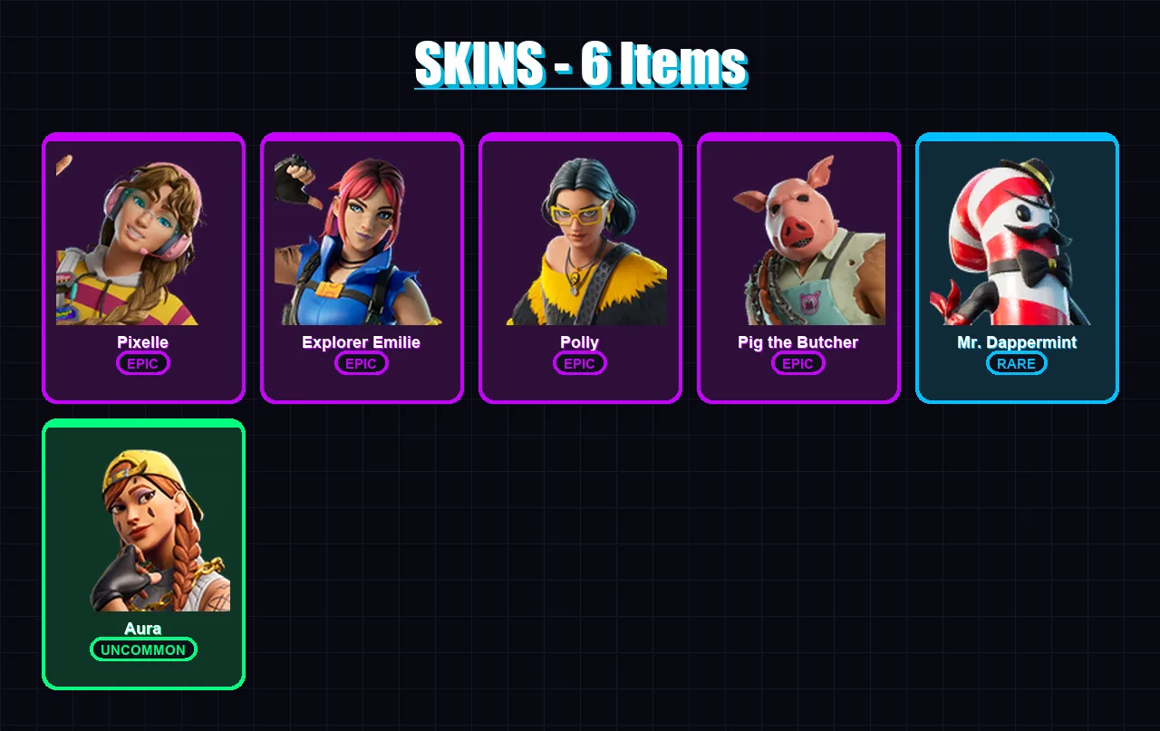 [PC] | Pixelle | Explorer Emilie | Polly | Pig the Butcher | Mr. Dappermint | 6 skin | 15 pickaxe | 8 emote | 10 glider | Lv93