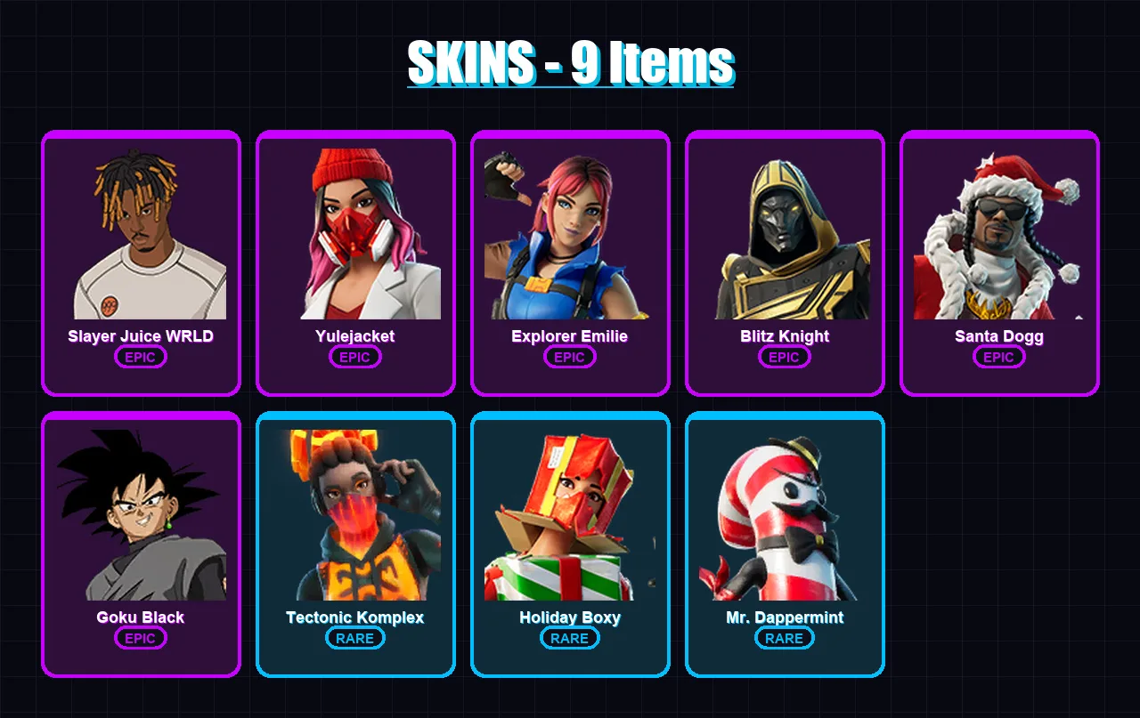 [PC/XBOX/PSN] | Slayer Juice WRLD | Yulejacket | Explorer Emilie | Blitz Knight | Santa Dogg | 9 skin | 26 pickaxe | 11 emote | 15 glider | Lv297