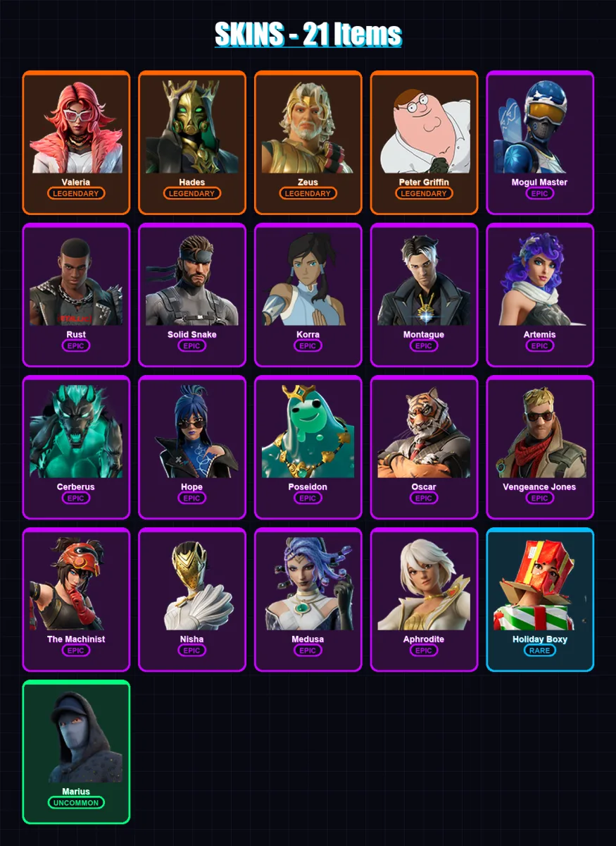[PC/XBOX/PSN] | Valeria | Hades | Zeus | Peter Griffin | Mogul Master | 21 skin | 35 pickaxe | 28 emote | 28 glider | Lv306