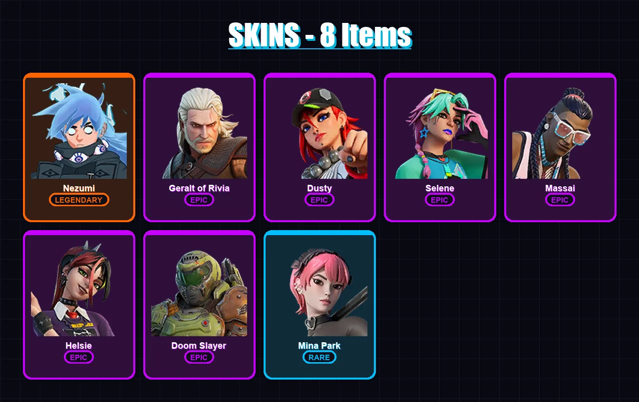 [PC/PSN] | Nezumi | Geralt of Rivia | Dusty | Selene | Massai | 8 skin | 13 pickaxe | 9 emote | 13 glider | Lv153