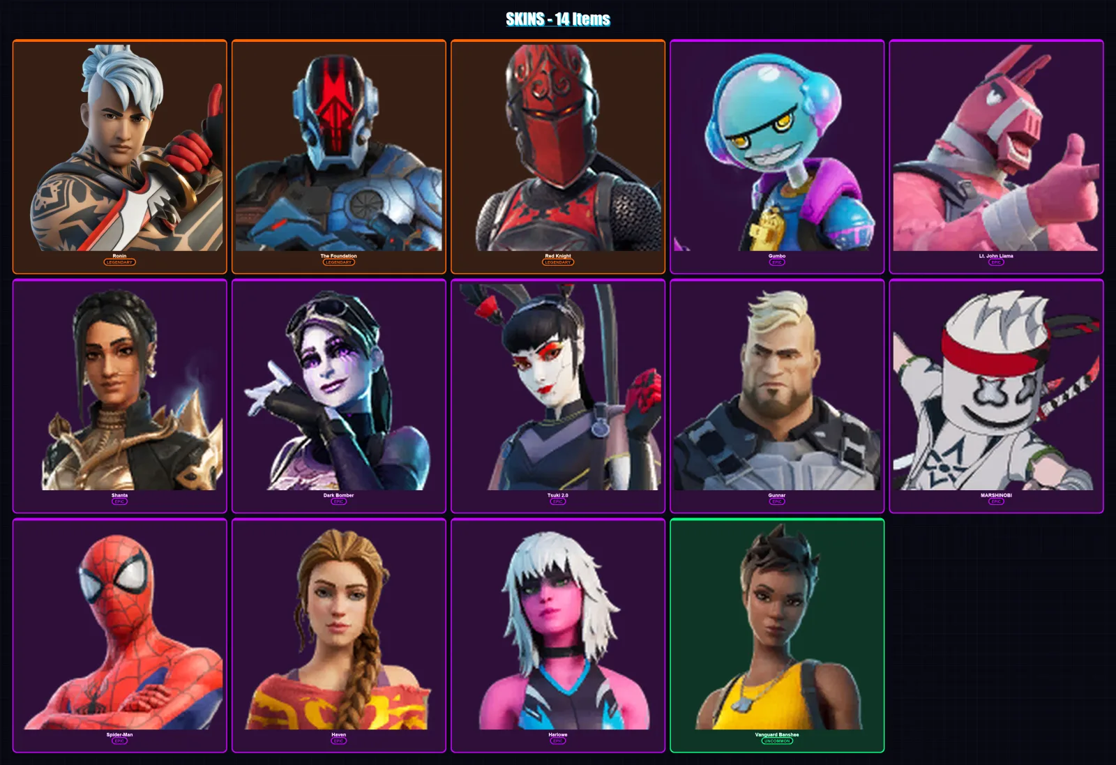 [PC/XBOX/PSN] | Ronin | The Foundation | Red Knight | Gumbo | Lt. John Llama | 14 skin | 18 pickaxe | 16 emote | 21 glider | Lv321