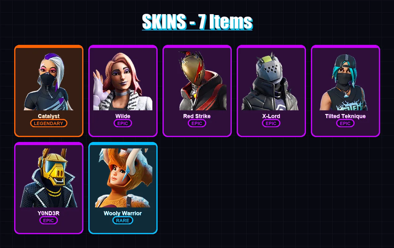[PC/XBOX/PSN] | Catalyst | Wilde | Red Strike | X-Lord | Tilted Teknique | 7 skin | 7 pickaxe | 11 emote | 12 glider | Lv105