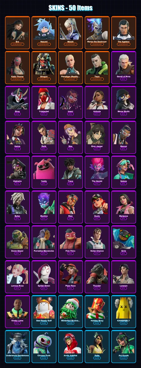 [PC] | Era | Nezumi | Mizuki | Renzo the Destroyer | The Ageless | 50 skin | 79 pickaxe | 45 emote | 70 glider | Lv734