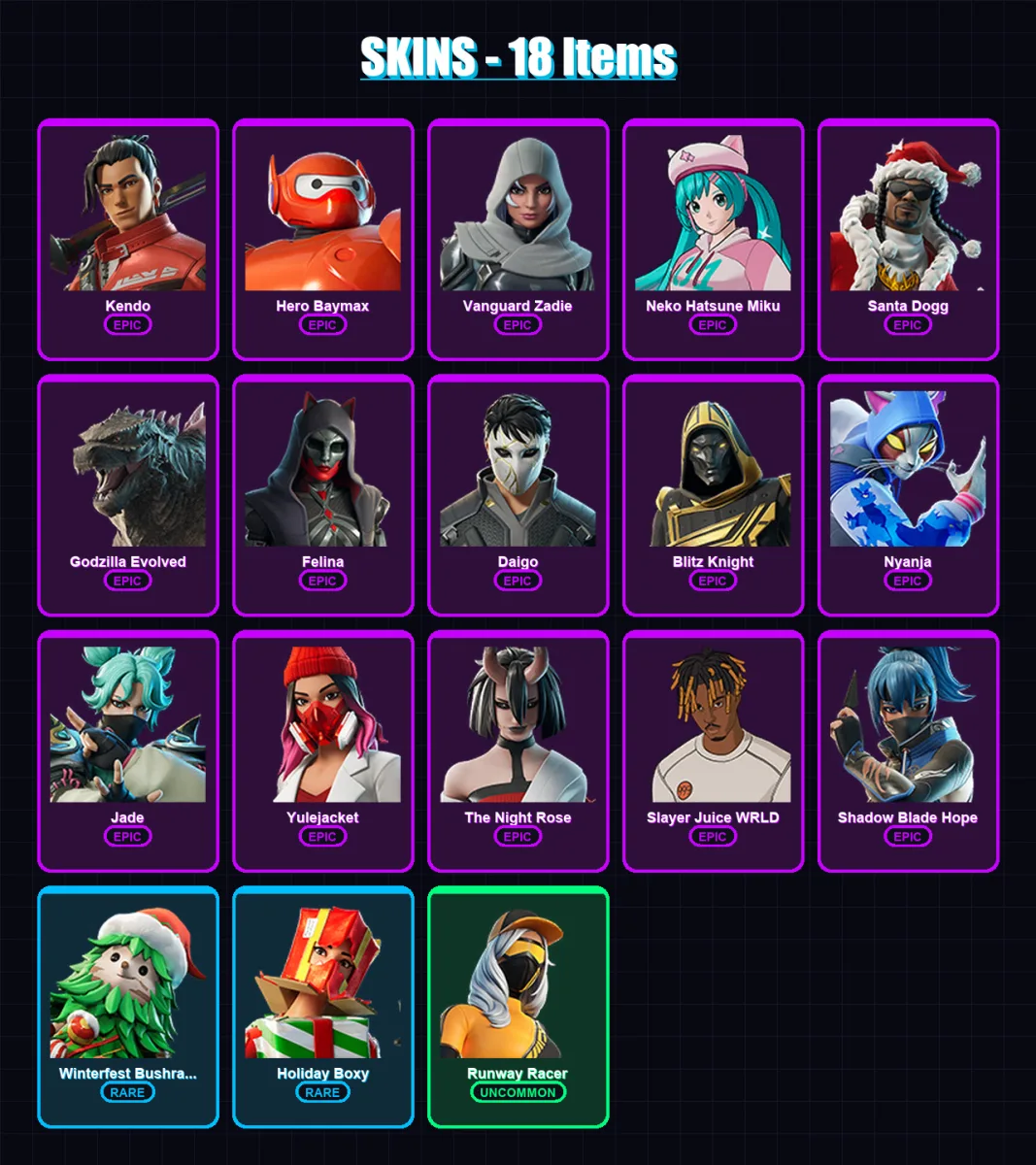 [PS4/PS5/XBOX/PC] | Kendo | Hero Baymax | Vanguard Zadie | Neko Hatsune Miku | Santa Dogg | 18 skin | 97 pickaxe | 42 emote | 72 glider | Lv1372