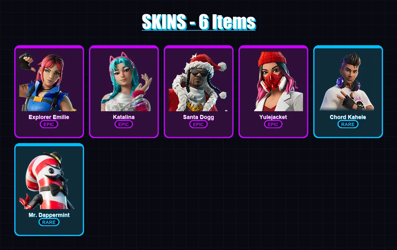 [PC/XBOX/PSN] | Explorer Emilie | Katalina | Santa Dogg | Yulejacket | Chord Kahele | 6 skin | 12 pickaxe | 3 emote | 8 glider | Lv60
