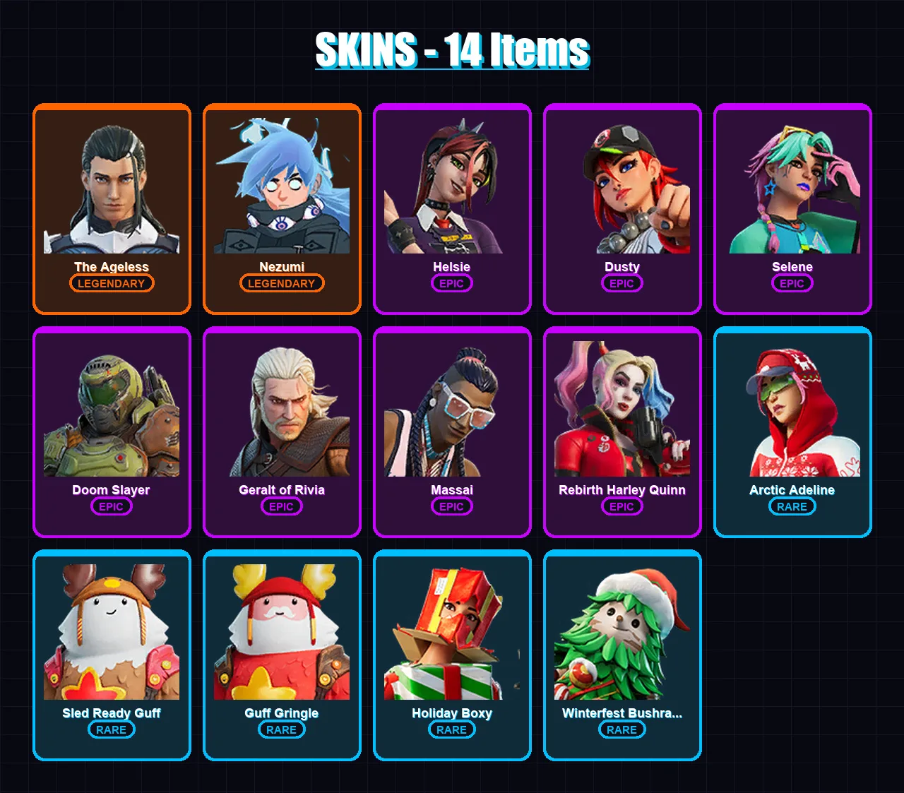 [PC/XBOX/PSN] | The Ageless | Nezumi | Helsie | Dusty | Selene | 14 skin | 19 pickaxe | 30 emote | 24 glider | Lv368