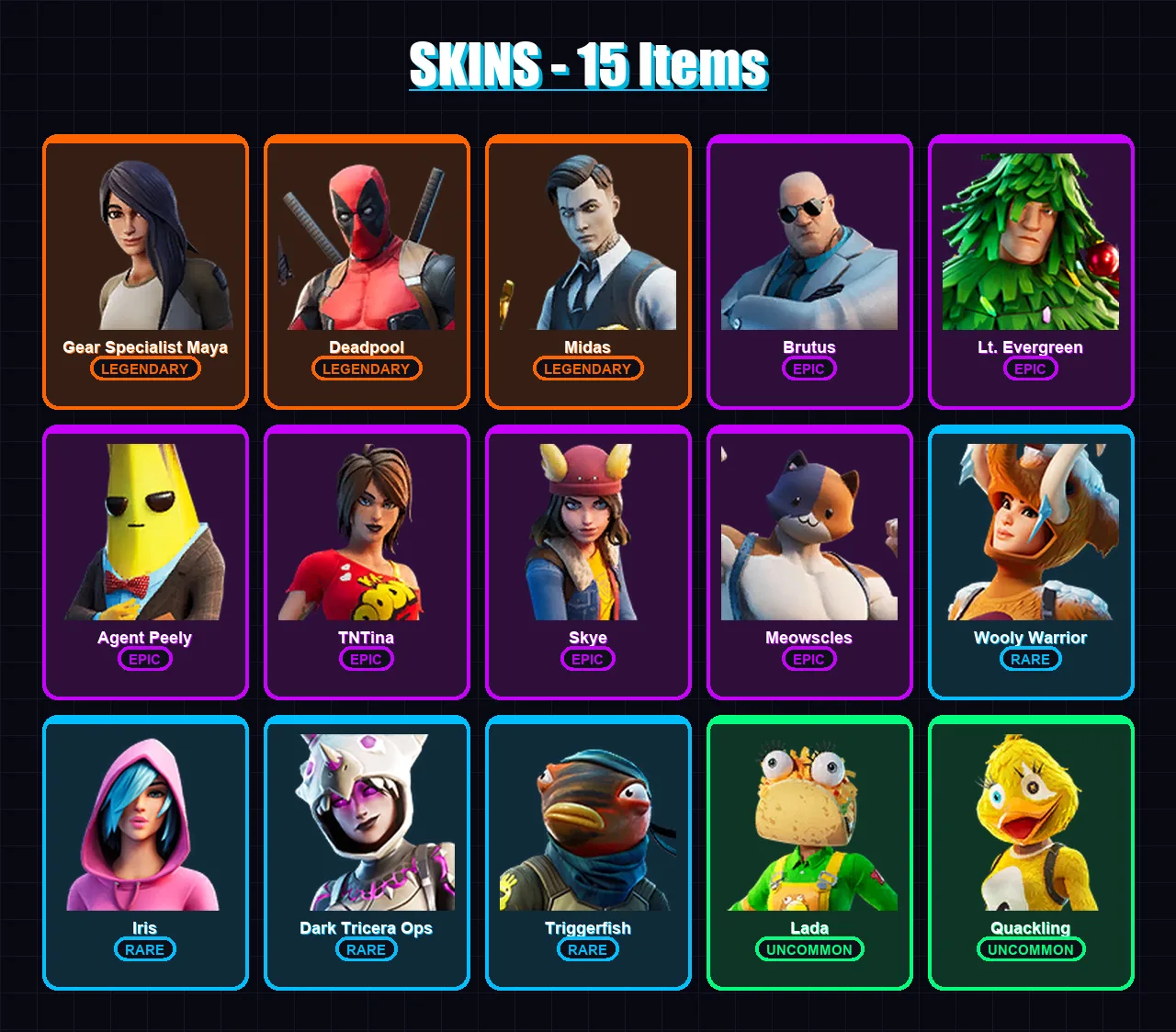 [PC/XBOX/PSN] | Gear Specialist Maya | Deadpool | Midas | Brutus | Lt. Evergreen | 15 skin | 20 pickaxe | 21 emote | 19 glider | Lv403