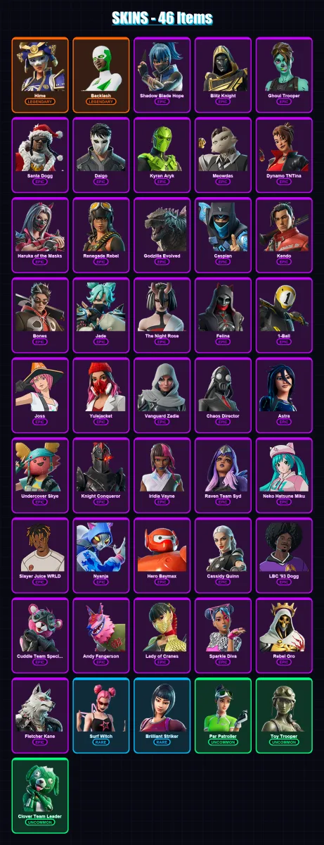 [PS4/PS5/XBOX/PC] | Hime | Backlash | Shadow Blade Hope | Blitz Knight | Ghoul Trooper | 46 skin | 67 pickaxe | 36 emote | 40 glider | Lv887