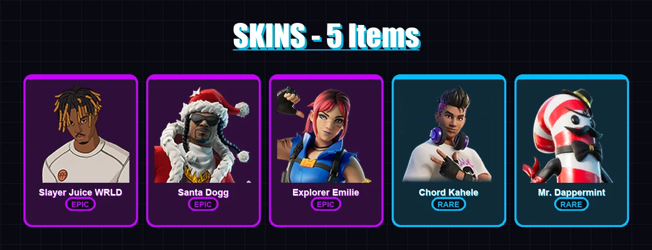 [PC/XBOX/PSN] | Slayer Juice WRLD | Santa Dogg | Explorer Emilie | Chord Kahele | Mr. Dappermint | 5 skin | 5 pickaxe | 2 emote | 3 glider | Lv21