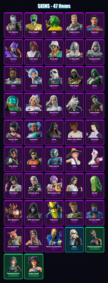 [SWITCH/XBOX/PSN/PC] | War Machine | Green Ranger | Ziggy | Captain Jones | Superman | 47 skin | 103 pickaxe | 77 emote | 72 glider | Lv2551 — Fortnite account