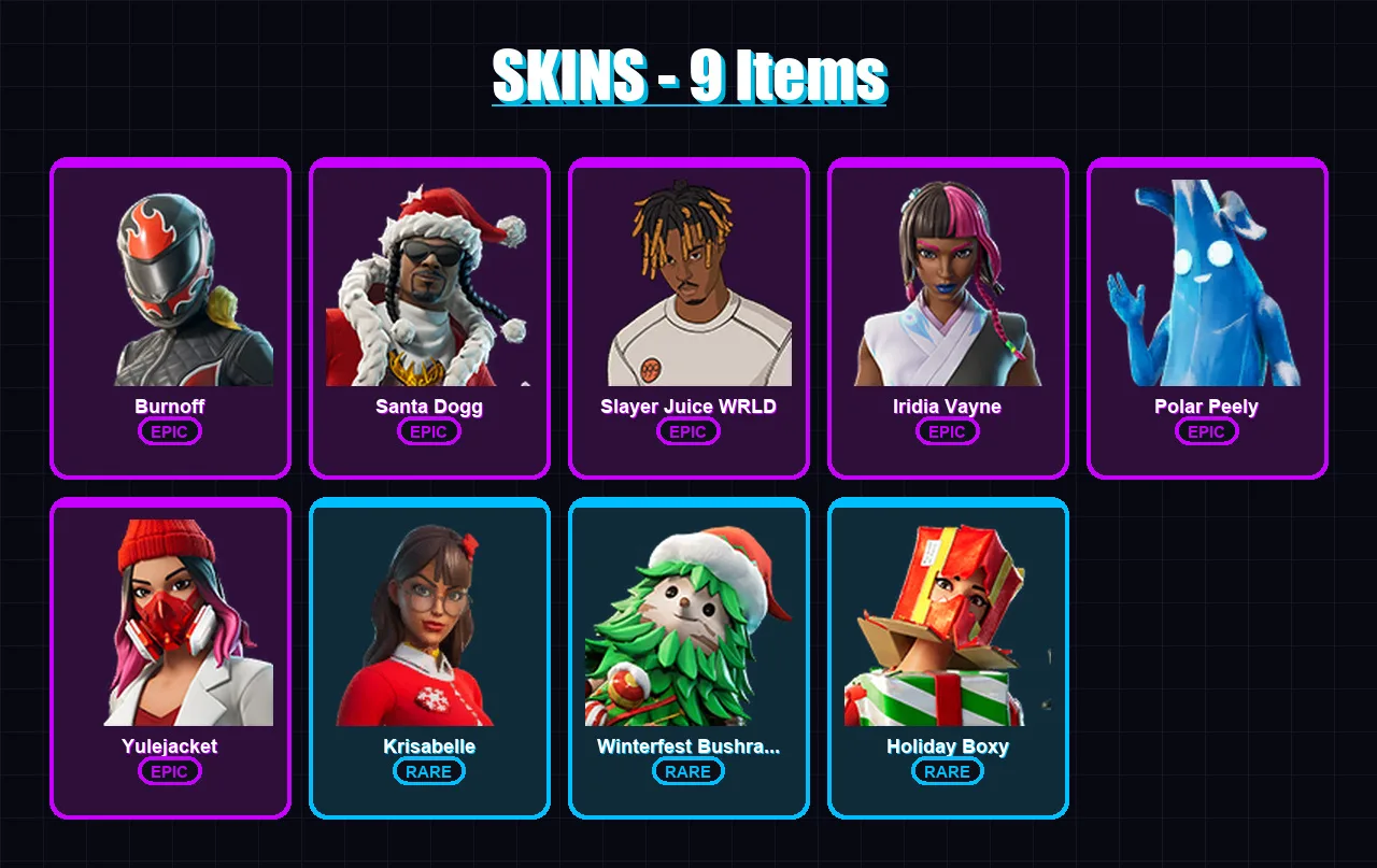 [PC/PSN] | Burnoff | Santa Dogg | Slayer Juice WRLD | Iridia Vayne | Polar Peely | 9 skin | 42 pickaxe | 18 emote | 30 glider | Lv457