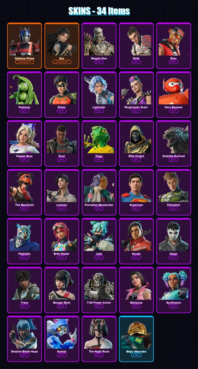 [PC/PSN] | Optimus Prime | Era | Megalo Don | Relik | Rian | 34 skin | 68 pickaxe | 49 emote | 56 glider | Lv818