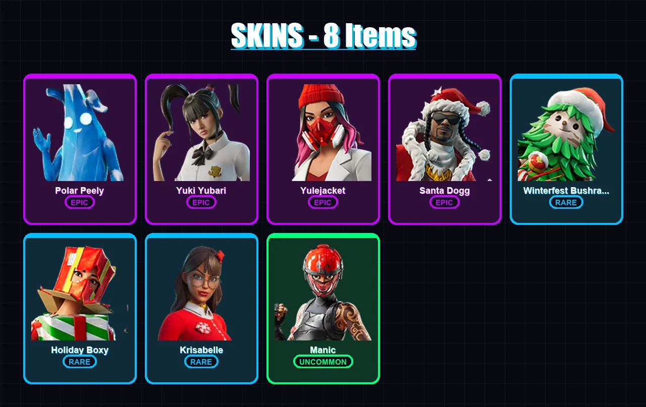 [PC/XBOX/PSN] | Polar Peely | Yuki Yubari | Yulejacket | Santa Dogg | Winterfest Bushranger | 8 skin | 18 pickaxe | 7 emote | 9 glider | Lv90