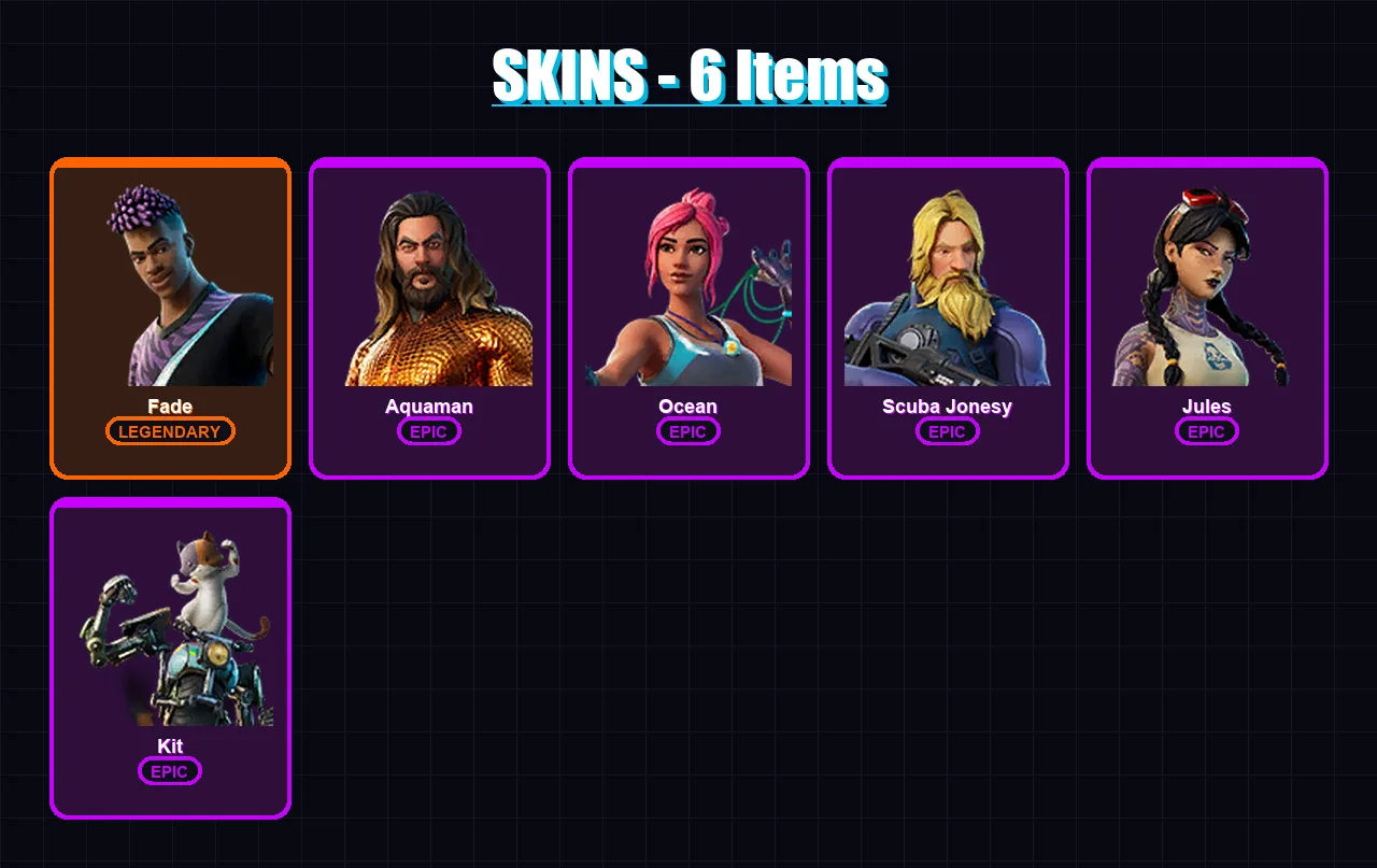 [PS4/PS5/XBOX/PC] | Fade | Aquaman | Ocean | Scuba Jonesy | Jules | 6 skin | 8 pickaxe | 10 emote | 11 glider | Lv104