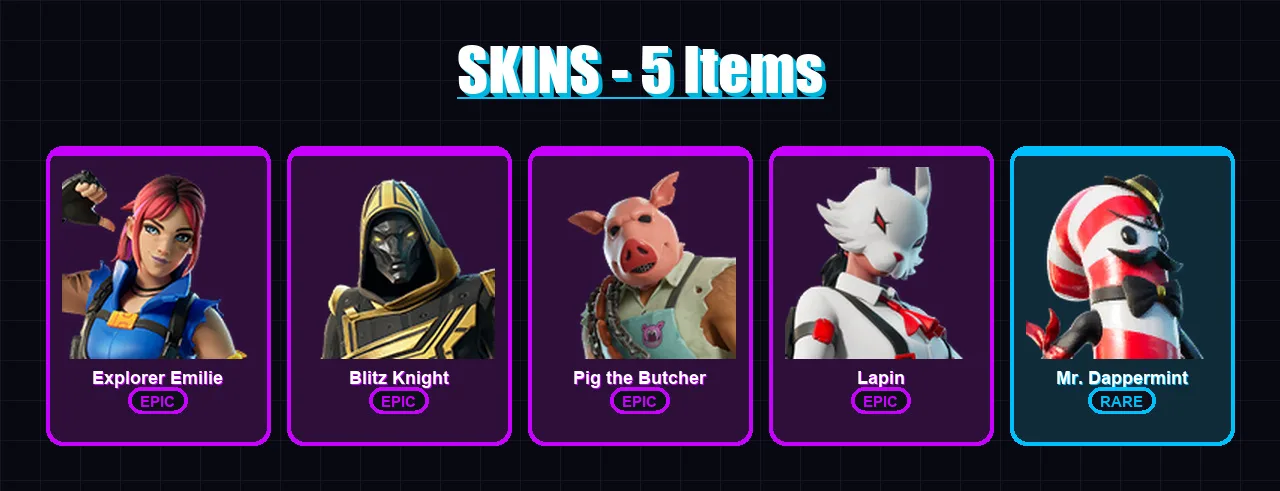 [PC/XBOX/PSN] | Explorer Emilie | Blitz Knight | Pig the Butcher | Lapin | Mr. Dappermint | 5 skin | 34 pickaxe | 17 emote | 26 glider | Lv327