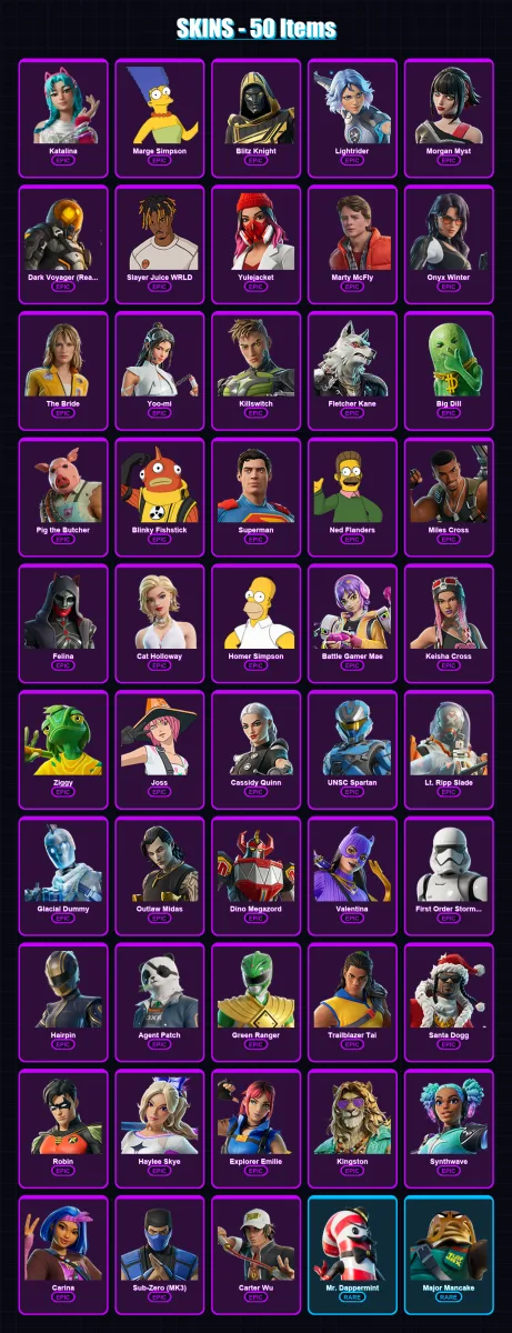 [PC/PSN] | Katalina | Marge Simpson | Blitz Knight | Lightrider | Morgan Myst | 50 skin | 109 pickaxe | 60 emote | 68 glider | Lv1426