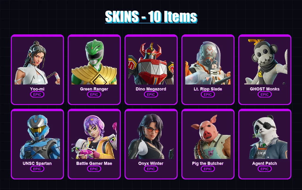 [PS4/PS5/XBOX/PC] | Yoo-mi | Green Ranger | Dino Megazord | Lt. Ripp Slade | GHOST Monks | 10 skin | 38 pickaxe | 26 emote | 28 glider | Lv331