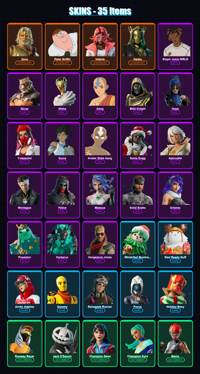 [PS4/PS5/XBOX/PC] | Zeus | Peter Griffin | Valeria | Hades | Slayer Juice WRLD | 35 skin | 72 pickaxe | 49 emote | 66 glider | Lv1476