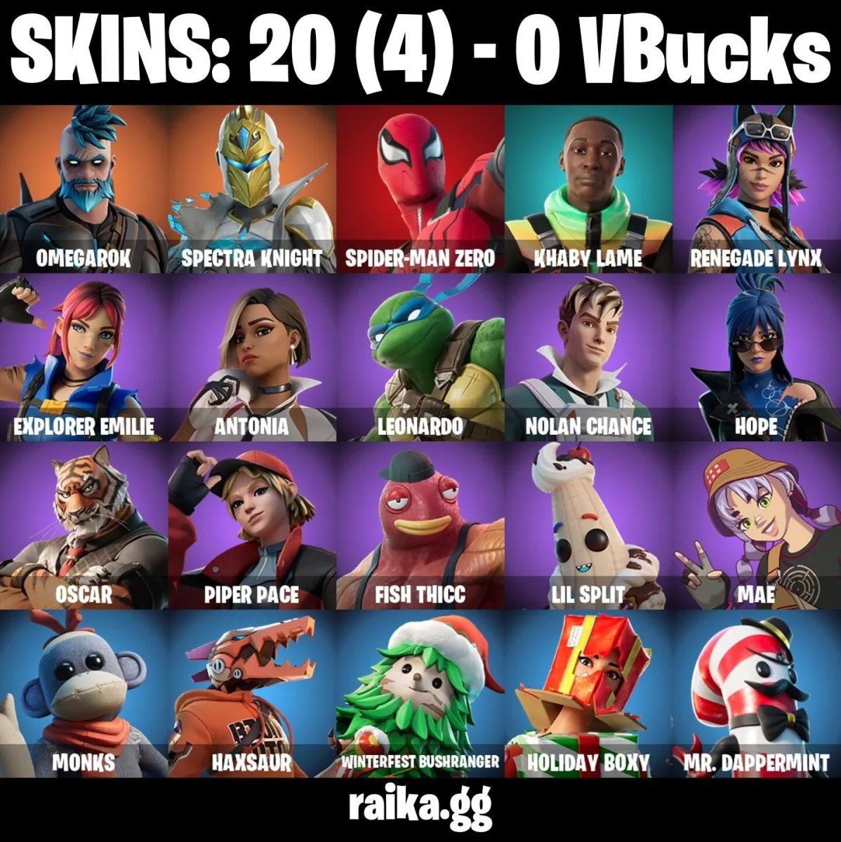 20 skins All Platforms Omegarok | Spectra Knight | Spider-Man Zero | Khaby Lame | Renegade Lynx | Explorer Emilie Instant Delivery — Fortnite account