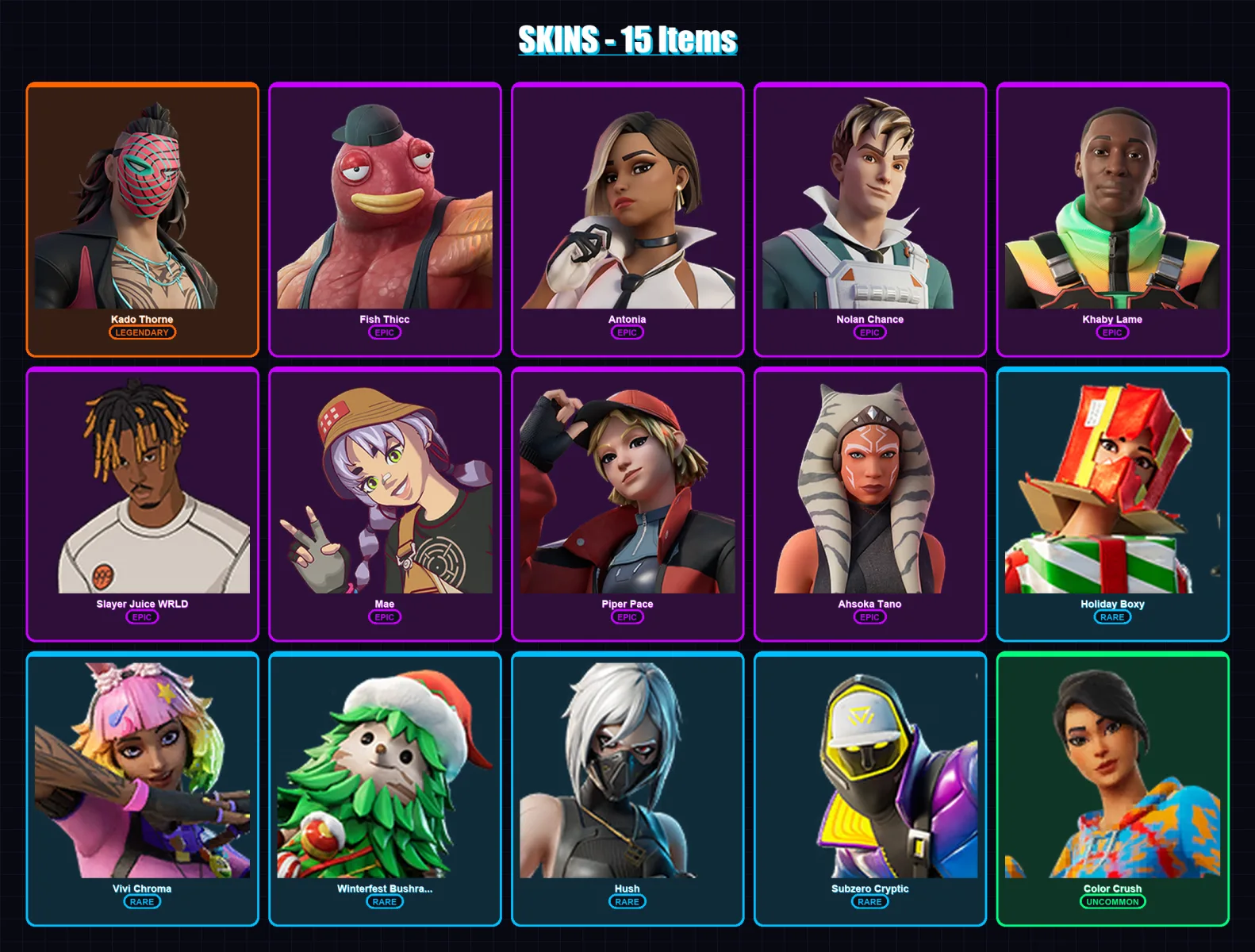 [PC/XBOX] | Kado Thorne | Fish Thicc | Antonia | Nolan Chance | Khaby Lame | 15 skin | 35 pickaxe | 27 emote | 28 glider | Lv410