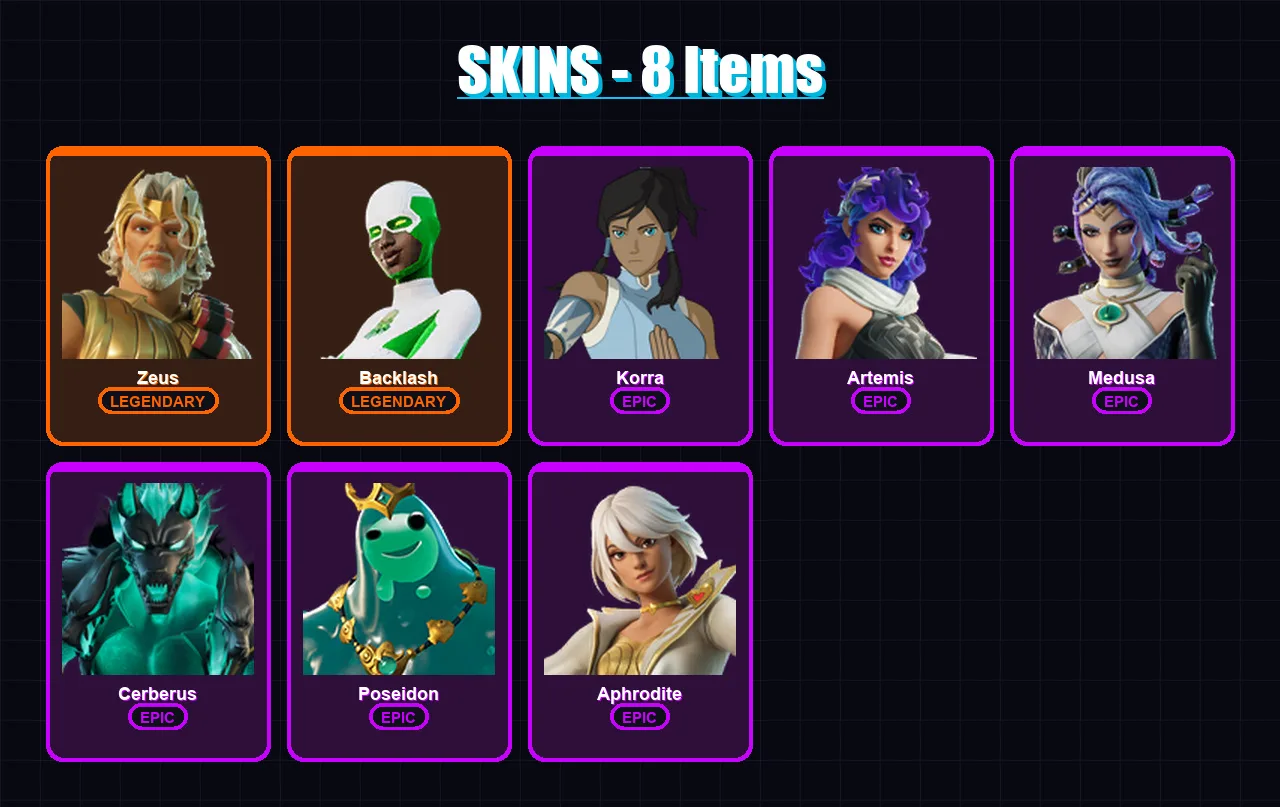 [PC/XBOX/PSN] | Zeus | Backlash | Korra | Artemis | Medusa | 8 skin | 17 pickaxe | 13 emote | 14 glider | Lv151