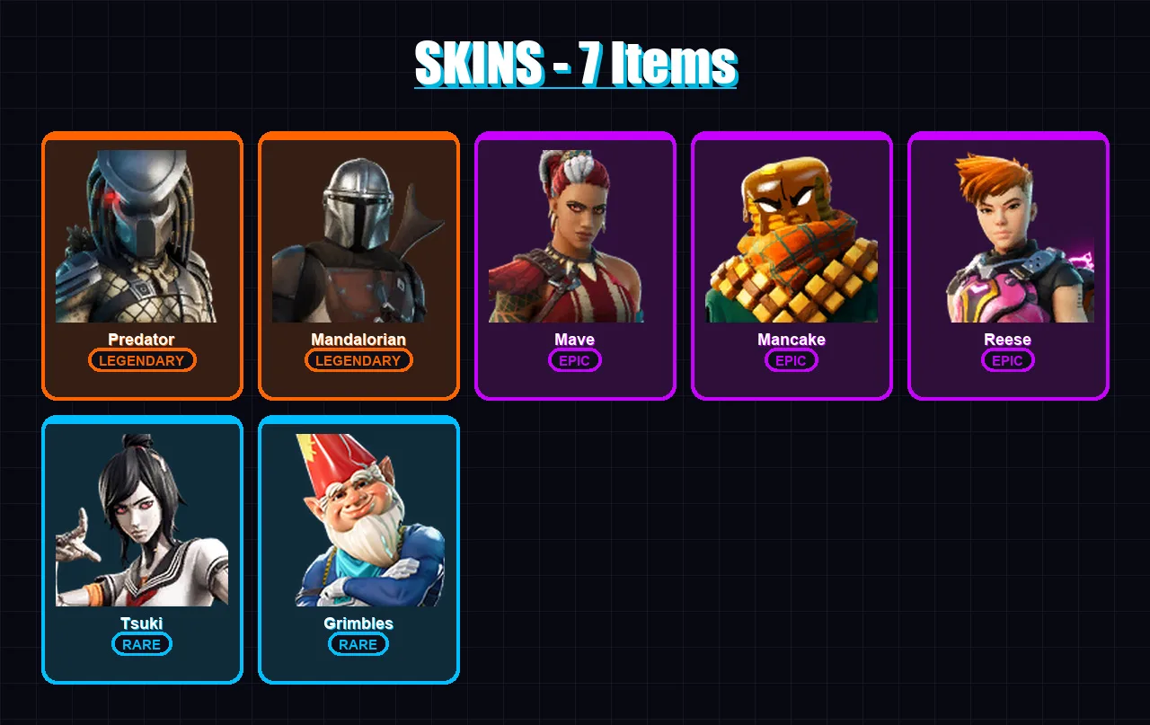 [PC/PSN] | Predator | Mandalorian | Mave | Mancake | Reese | 7 skin | 19 pickaxe | 13 emote | 20 glider | Lv231