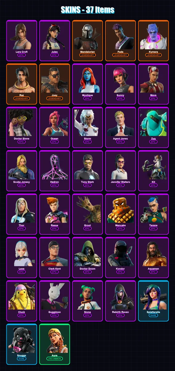 [PC/XBOX/PSN] | Lara Croft | Jules | Mandalorian | Fade | Kymera | 37 skin | 36 pickaxe | 30 emote | 41 glider | Lv500