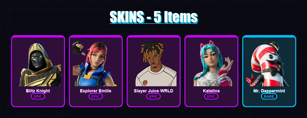 [PC/XBOX/PSN] | Blitz Knight | Explorer Emilie | Slayer Juice WRLD | Katalina | Mr. Dappermint | 5 skin | 10 pickaxe | 5 emote | 6 glider | Lv52