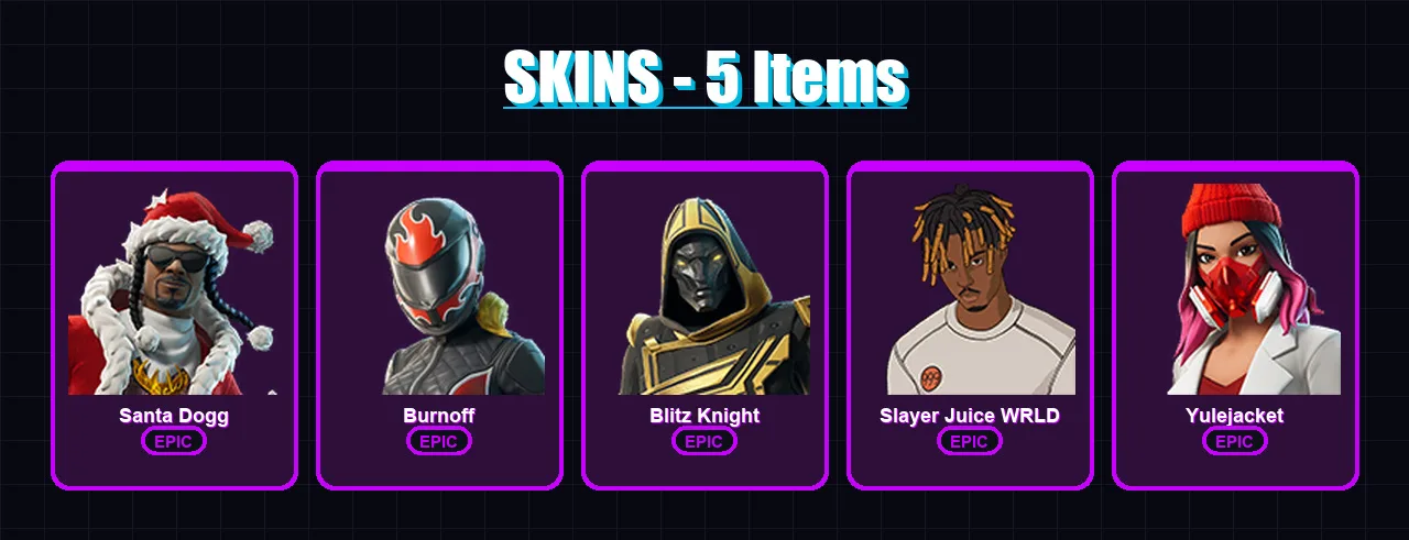 [PC/PSN] | Santa Dogg | Burnoff | Blitz Knight | Slayer Juice WRLD | Yulejacket | 5 skin | 22 pickaxe | 7 emote | 15 glider | Lv122