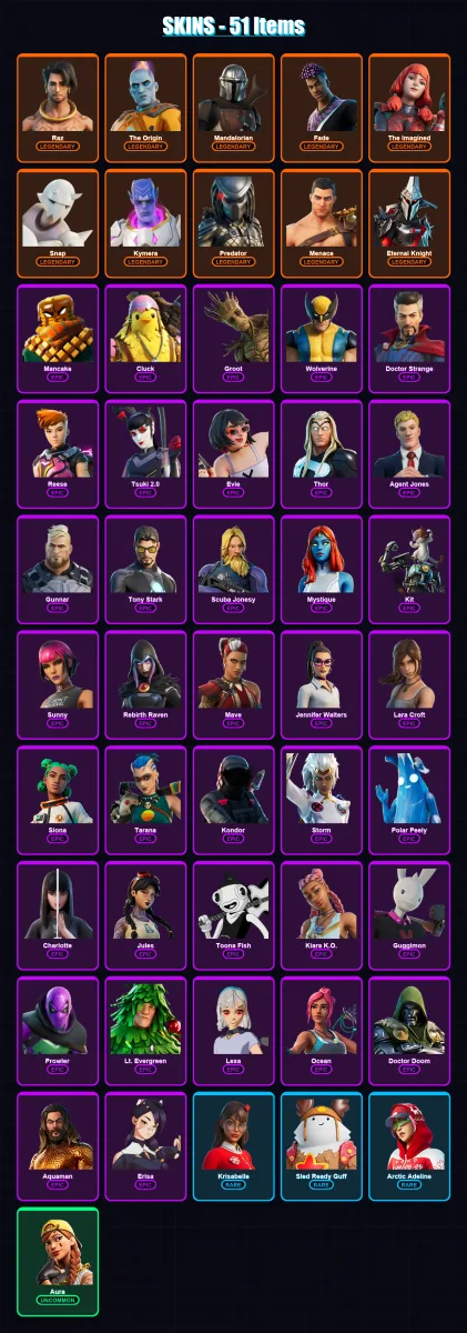 [SWITCH/XBOX/PSN/PC] | Raz | The Origin | Mandalorian | Fade | The Imagined | 51 skin | 61 pickaxe | 52 emote | 77 glider | Lv1126