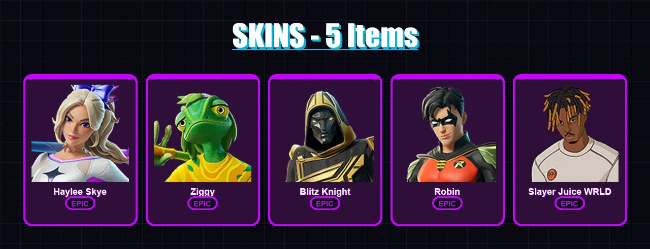 [PC/XBOX] | Haylee Skye | Ziggy | Blitz Knight | Robin | Slayer Juice WRLD | 5 skin | 31 pickaxe | 12 emote | 27 glider | Lv285