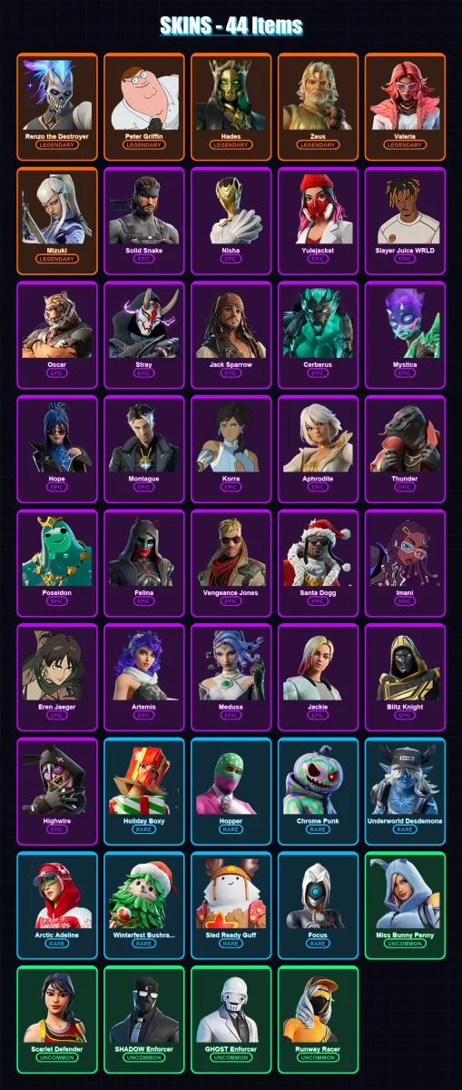 [PC/PSN] | Renzo the Destroyer | Peter Griffin | Hades | Zeus | Valeria | 44 skin | 96 pickaxe | 64 emote | 76 glider | Lv1594