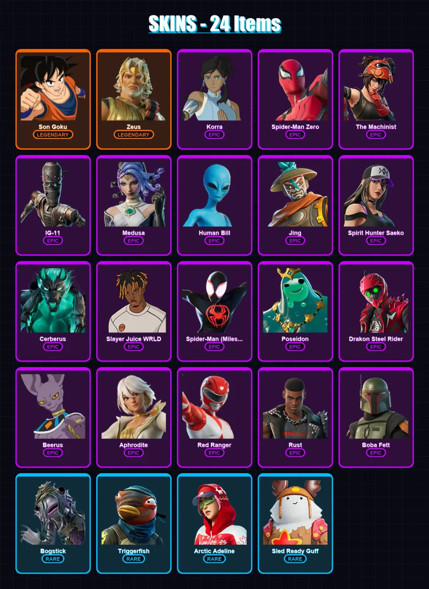 [PC/XBOX] | Son Goku | Zeus | Korra | Spider-Man Zero | The Machinist | 24 skin | 39 pickaxe | 22 emote | 33 glider | Lv281 — Fortnite account