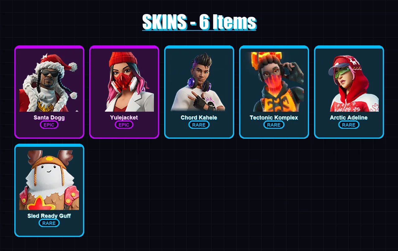 [PC/XBOX] | Santa Dogg | Yulejacket | Chord Kahele | Tectonic Komplex | Arctic Adeline | 6 skin | 19 pickaxe | 12 emote | 18 glider | Lv213