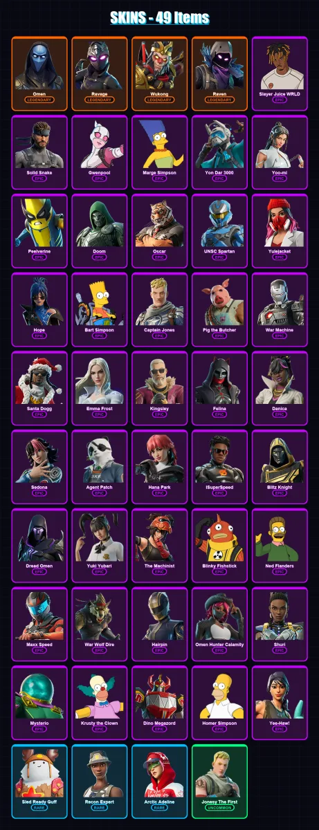 [PC/XBOX] | Omen | Ravage | Wukong | Raven | Slayer Juice WRLD | 49 skin | 82 pickaxe | 55 emote | 57 glider | Lv501