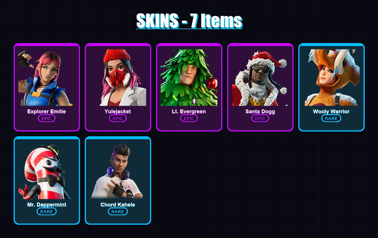 [PC/XBOX/PSN] | Explorer Emilie | Yulejacket | Lt. Evergreen | Santa Dogg | Wooly Warrior | 7 skin | 16 pickaxe | 9 emote | 13 glider | Lv107