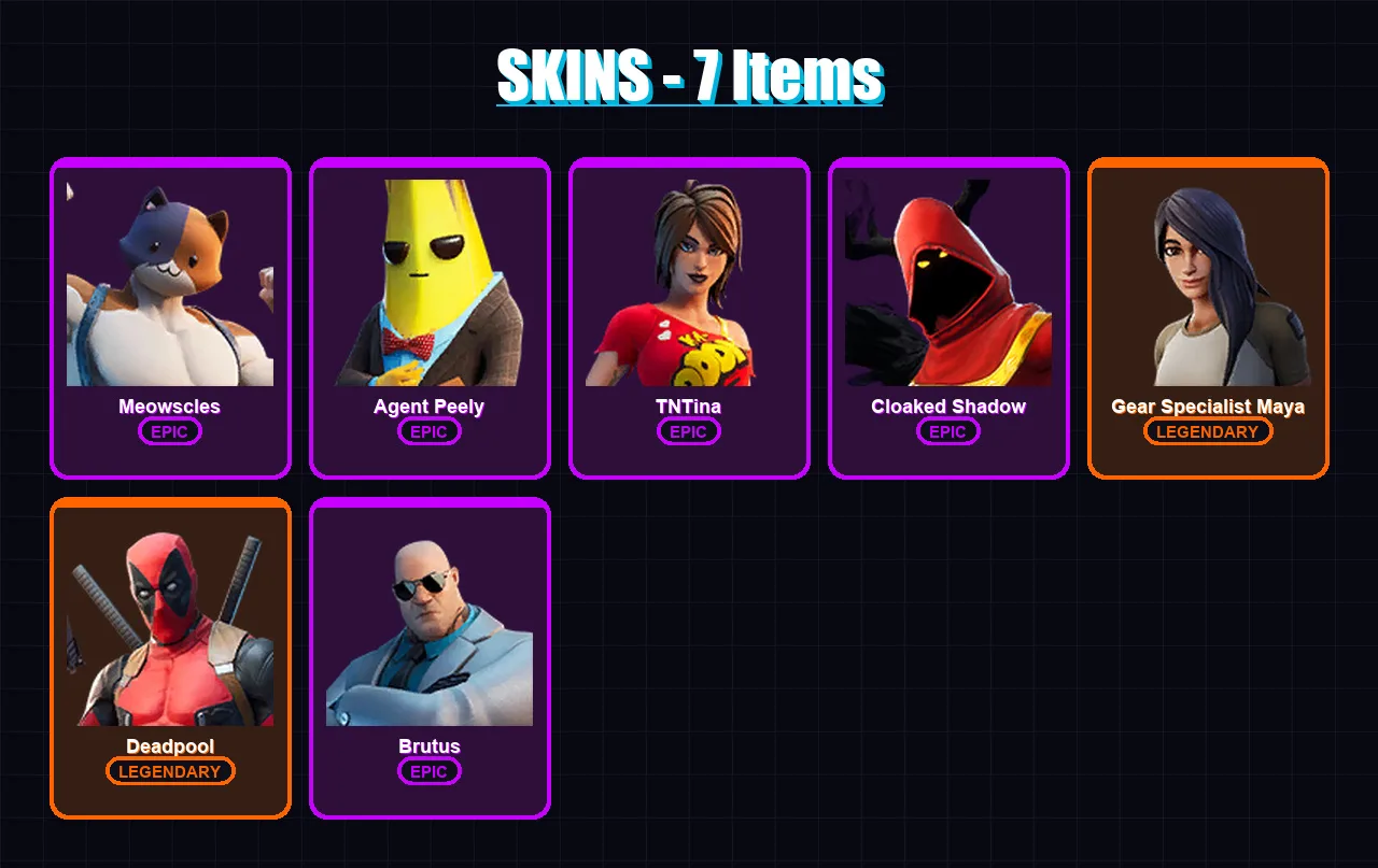 [PC/XBOX/PSN] | Meowscles | Agent Peely | TNTina | Cloaked Shadow | Gear Specialist Maya | 7 skin | 6 pickaxe | 9 emote | 9 glider | Lv87